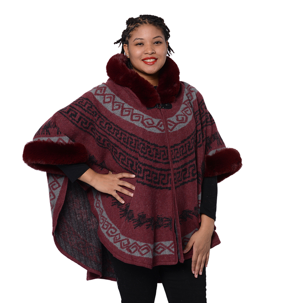 Half Round Shape Multi-Patterned Blanket Wrap with Faux Fur Collar (One size, L: 75cm) - Burgundy