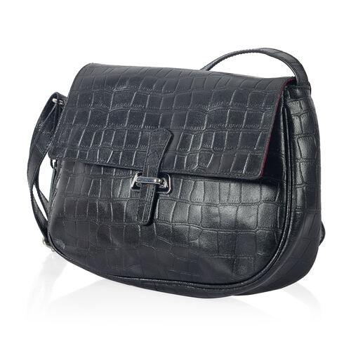 Premium Super Soft 100% Genuine Leather Black Colour Croc Embossed CrossBody Bag (Size 27x20 Cm ...