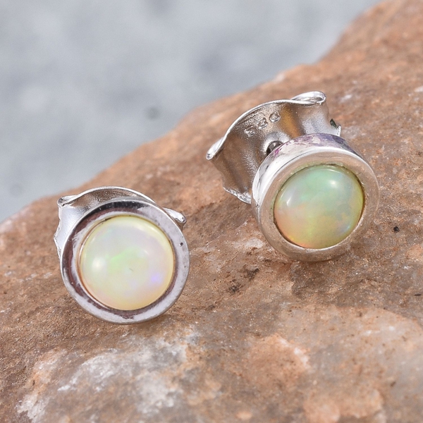 Ethiopian Welo Opal (Rnd) Stud Earrings (with Push Back) in Platinum Overlay Sterling Silver 0.500 Ct.