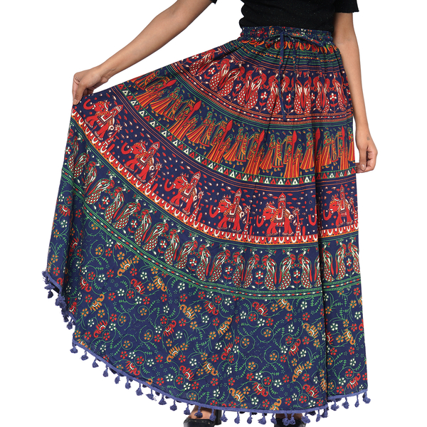 100% Cotton Mandala Print Boho Long Skirt with Tassels (Size 101x94cm) - Navy Blue and Red