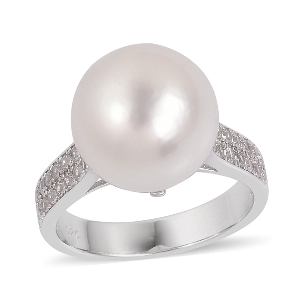 South Sea White Pearl (13-13.5mm) and Natural White Cambodian Zircon Ring in Platinum Plated Silver