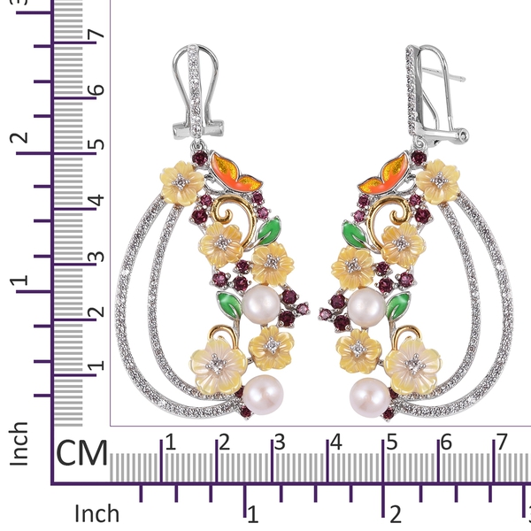 JARDIN COLLECTION -Yellow Mother of Pearl, Freshwater White Pearl, Rhodolite Garnet and Multi Gemstone Enameled Floral Earrings (with French Clip) in Rhodium and Gold Overlay Sterling Silver 11.20 Gm