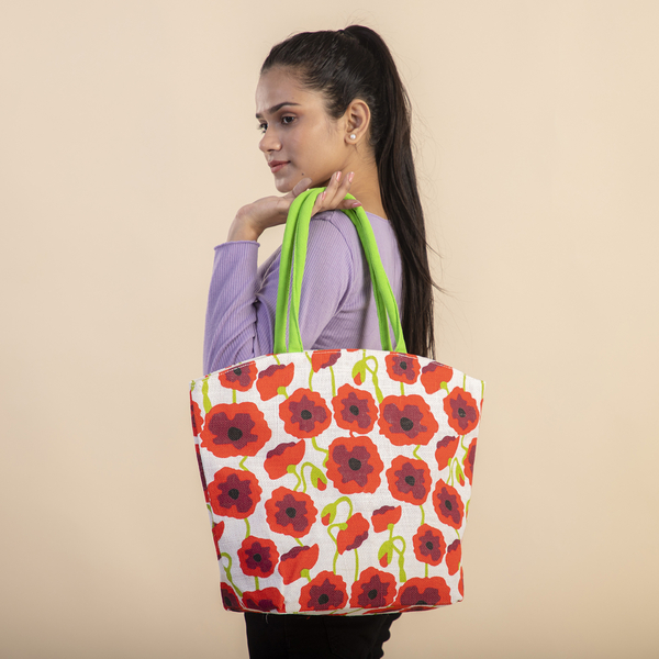 100% Natural Jute Poppies Floral Pattern Tote Bag (Size 46x34x30x12 Cm) - Red & White