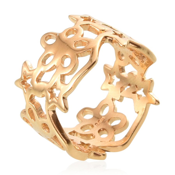 14K Gold Overlay Sterling Silver Star and Floral Band Ring, Silver wt 5.10 Gms.