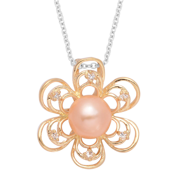 Fresh Water Dyed Peach Pearl and White Austrian Crystal Flower Pendant in Gold Tone with Stainless S