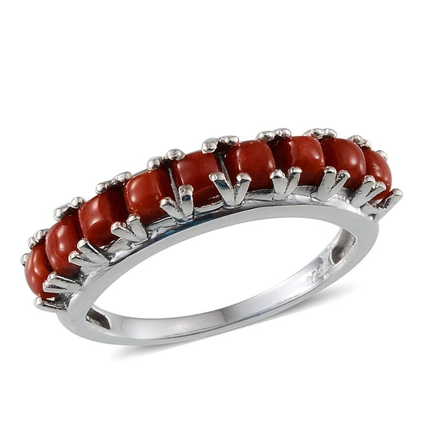 Natural Mediterranean Coral (Sqr) Half Eternity Ring in Platinum Overlay Sterling Silver 1.250 Ct.
