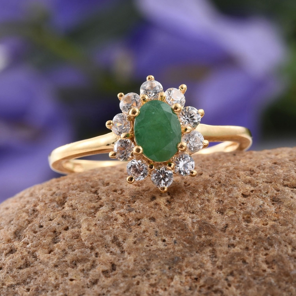 AAA Brazilian Emerald (Ovl 0.75 Ct), Natural Cambodian Zircon Ring in 14K Gold Overlay Sterling Silver 1.750 Ct.