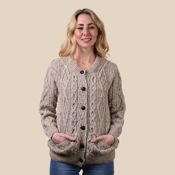 ARAN 100% Pure Wool Heritage Cardigan (Size Large) - Light Brown