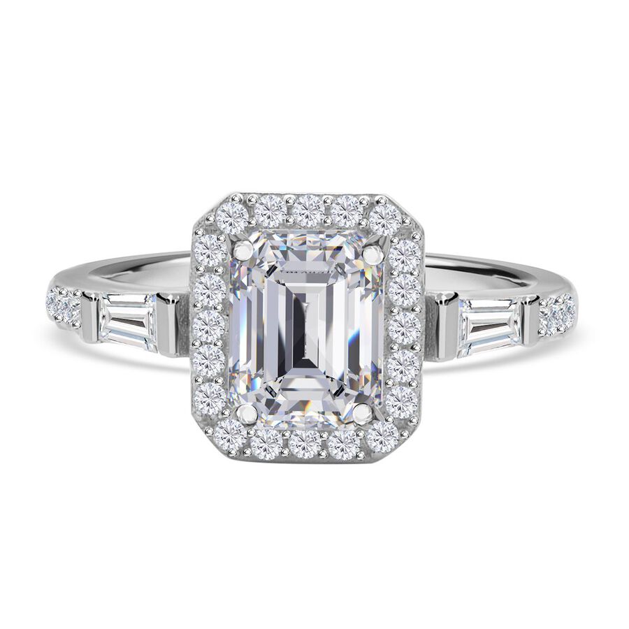 Moissanite Halo Ring in Rhodium Overlay Sterling Silver 2.42 Ct