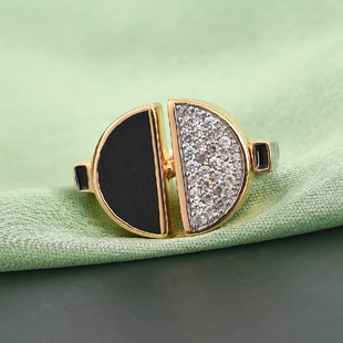 GP Art Deco Collection - Black Jade, Natural Cambodian Zircon and Blue Sapphire Enamelled Ring in 14