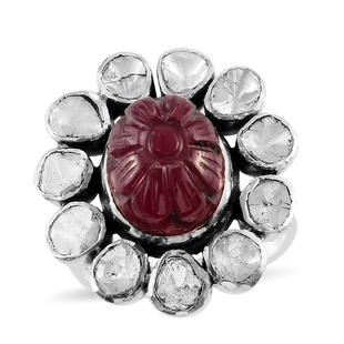 Limited Available- Artisan Crafted African Ruby (FF) and Polki Diamond Floral Ring in Sterling Silve