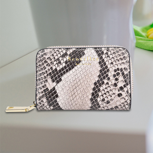 SENCILLEZ Genuine Leather RFID Protected Snake Print Card Holder with Zipper Closure (Size 11x7x2.5 Cm) - Beige