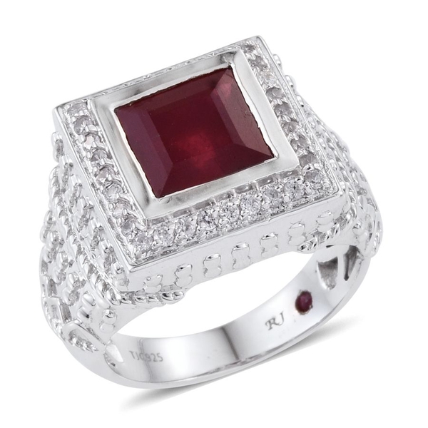 African Ruby (Sqr 7.25 Ct), Ruby and Natural Cambodian Zircon Ring in Platinum Overlay Sterling Silv