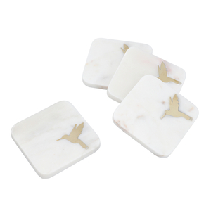 NAKKASHI - Set of 4 - Square Marble Coasters with Humming Bird Brass Inlay (Size 10cm)