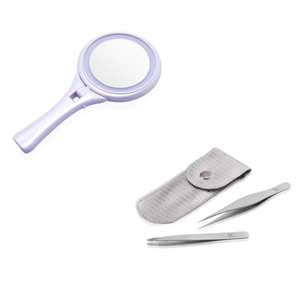 Hand Held Mirror with LED Light on Both Sides (Size 24.6x12.8x2 Cm) and Duo Silver Tweezer Set - One