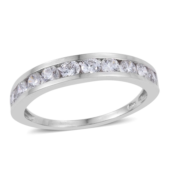 Lustro Stella - Platinum Overlay Sterling Silver (Rnd) Half Eternity Band Ring Made with Finest CZ