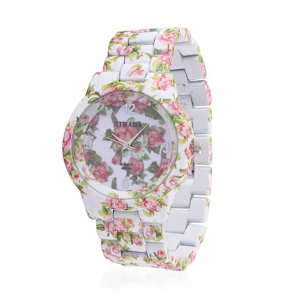 STRADA Japanese Movement Floral White Dial Water Resistant Watch with Stainless Steel Back and Flora