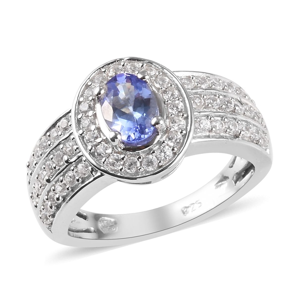 1.06 Ct AA Tanzanite and Zircon Halo Ring in Platinum Plated Sterling Silver