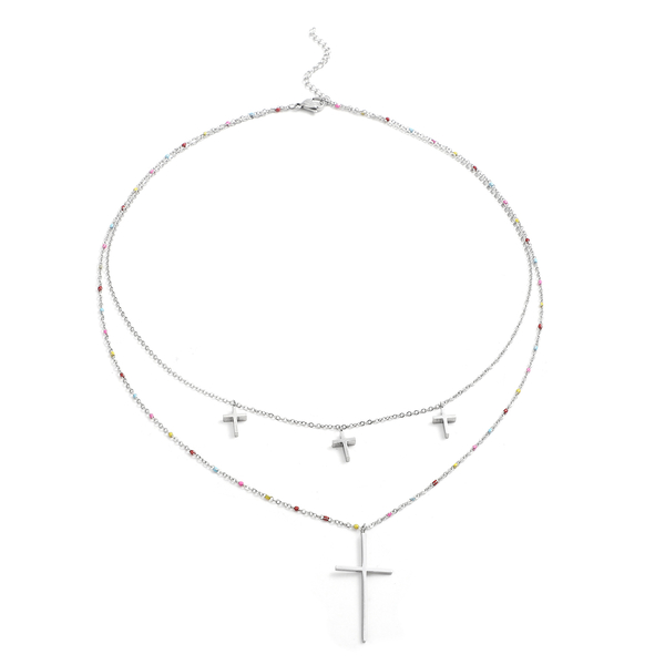 2 Piece Set - Cross Enamelled Necklace (Size 20 With 2 Inch Extender) and Earrings (With Push Back) in Silver Tone