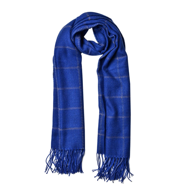 Blue Colour Chequer Pattern Scarf with Tassels (Size 190X87 Cm)
