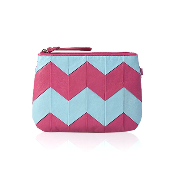 Genuine Leather Zig Zag Pattern Sky Blue and Pink Colour Pouch (Size 18.5x13.5 Cm)