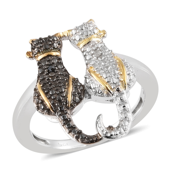 Black and White Diamond Twin Cat Ring in Platinum and Yellow Gold Overlay with Black Plating Sterlin