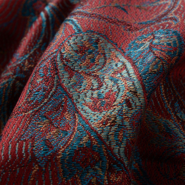 SILK MARK - 100% Superfine Silk Green and Multi Colour Paisley and Leaves Pattern Red Colour Jacquard Jamawar Scarf with Fringes (Size 180x70 Cm) (Weight 125-140 Grams)