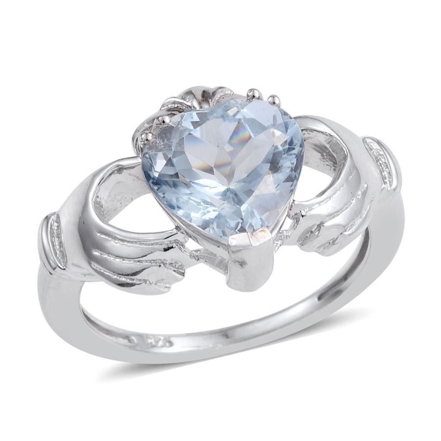 Espirito Santo Aquamarine Heart Solitaire Claddagh Silver Ring in Platinum Overlay 2.250 Ct.