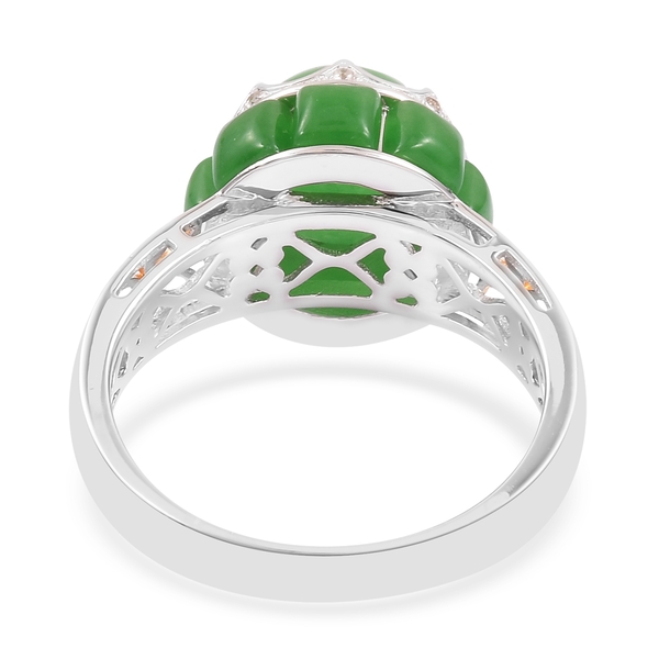 Green Jade (Rnd 4.75 Ct), Natural White Cambodian Zircon Ring in Rhodium and Gold Overlay Sterling Silver 8.310 Ct.