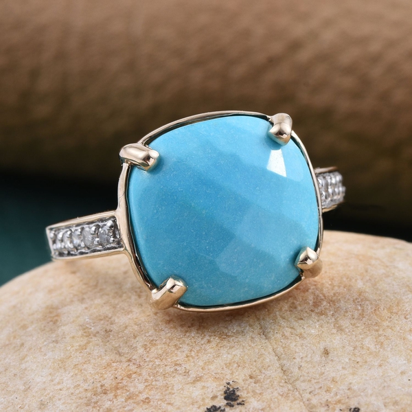 9K Y Gold Arizona Sleeping Beauty Turquoise (Cush 6.10 Ct), Diamond Ring 6.250 Ct.