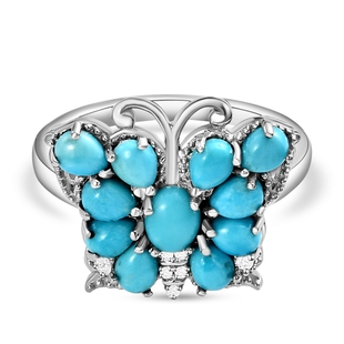 Arizona Sleeping Beauty Turquoise and Natural Cambodian Zircon Butterfly Ring in Platinum Overlay St