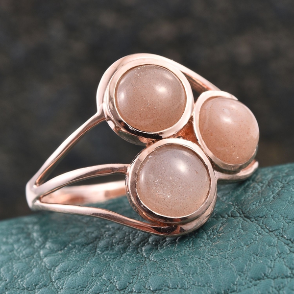 Morogoro Peach Sun Stone (Rnd) Trilogy Ring in Rose Gold Overlay Sterling Silver 4.500 Ct.