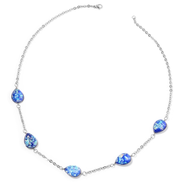 Simulated Blue Opal Station Necklace (Size 24) in Stainless Steel