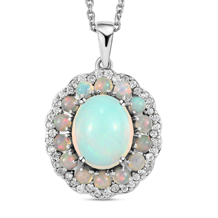 Ethiopian Welo Opal and Natural Cambodian Zircon Pendant with Chain in Sterling Silver 4.51 Ct, Silv