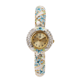 STRADA Japanese Movement Golden Sunshine Dial White and Blue Austrian Crystal Studded Water Resistant Bangle Watch in Floral Pattern Strap
