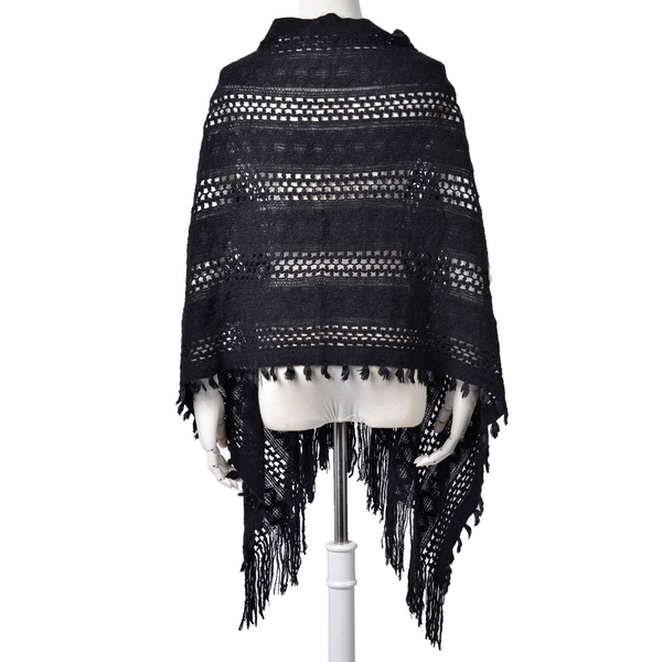 Black Colour Knitted Poncho with Fringes (Free Size)