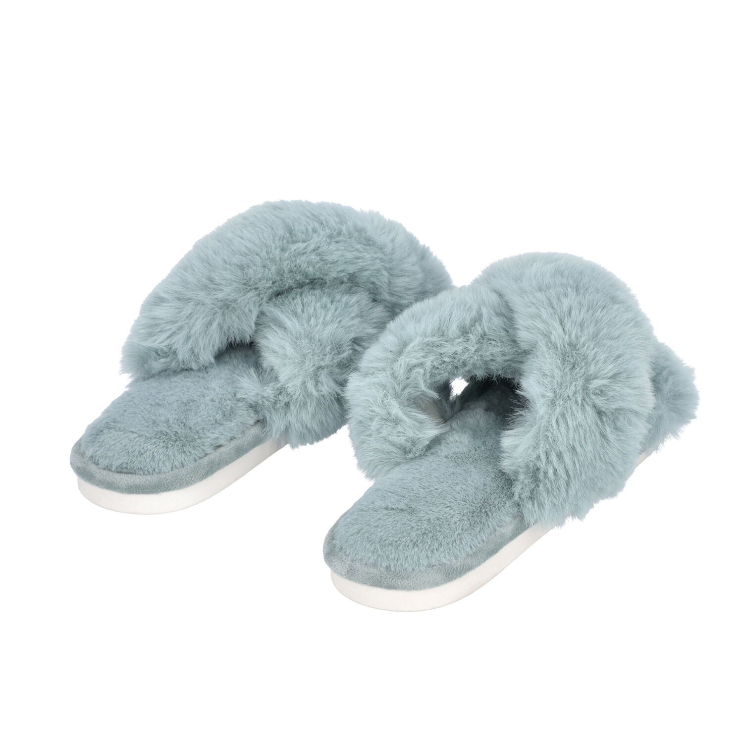 Super Soft Cross Band Faux Fur Slippers (Size L: 7-8) - Blue