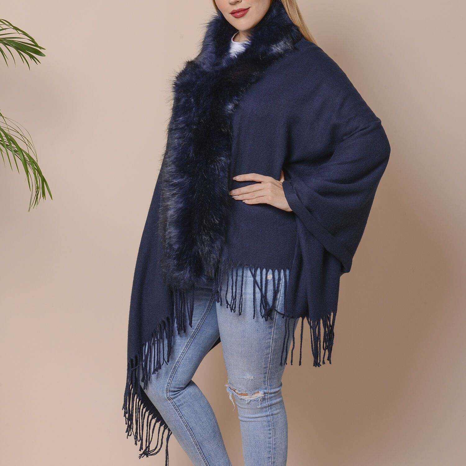 Designer Inspired Faux Fur Trimmed Cape - Navy Blue (One Size; 170x77+10cm)