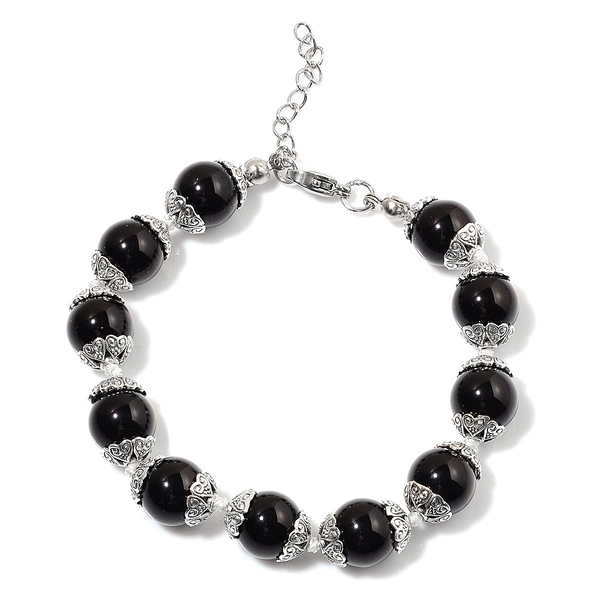Black Agate Bracelet (Size 7.5 with 1 inch Extender) in Silver Tone 25.000 Ct.