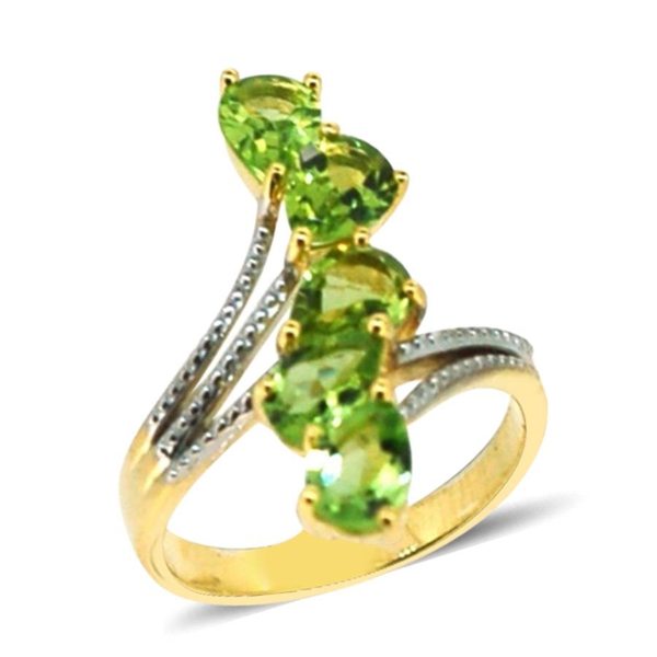 AA Hebei Peridot (Pear) 5 Stone Crossover Ring in 14K Gold Overlay Sterling Silver 3.750 Ct.