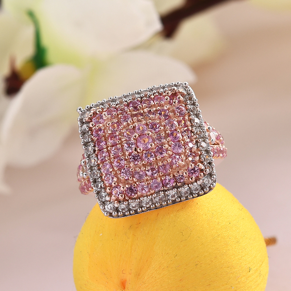 Pink Sapphire and Natural Cambodian Zircon Ring in Rose Gold Overlay Sterling Silver 2.28 Ct, Silver Wt. 5.50 Gms