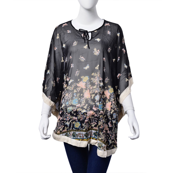 Multi Colour Floral and Butterfly Pattern Black Colour Poncho (Free Size)