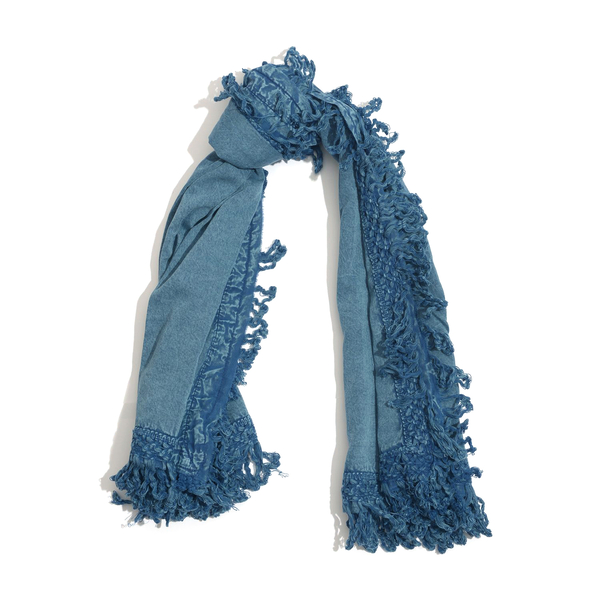 Designer Inspired Light Blue Colour Scarf with Floral Pattern Lace and Fringes at the Boundaries (Size 130x130 Cm)