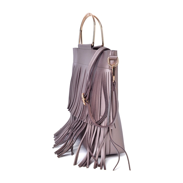 Set of 2 - Bronze Colour Large Handbag with Fringes (Size 30X27X8 Cm) and Small Handbag (Size 22X18X4 Cm) with Adjustable and Removable Shoulder Strap