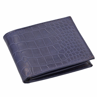 100% Genuine Leather Croc Embossed RFID Protected Bi-Fold Mens Wallet - Navy