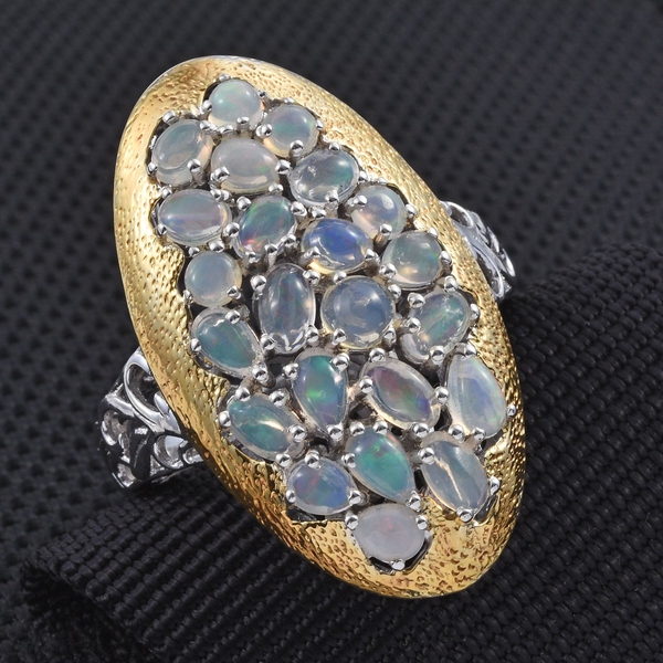 GP Ethiopian Welo Opal (Pear), Kanchanaburi Blue Sapphire Ring in Platinum and Yellow Gold Overlay Sterling Silver 2.750 Ct.