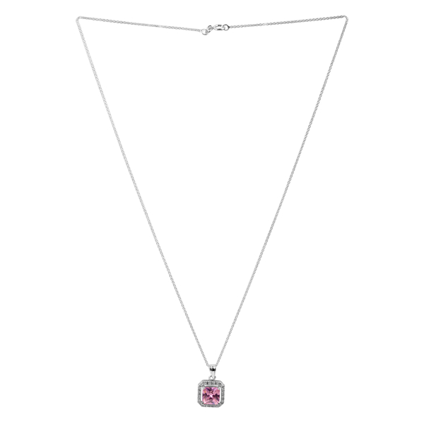 ELANZA AAA Simulated Pink Sapphire (Sqr), Simulated Diamond Pendant With Chain in Rhodium Plated Ste