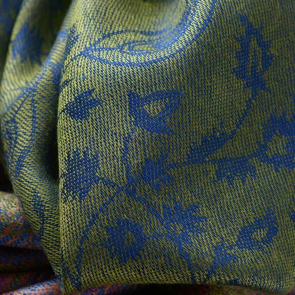 100% Modal Orange and Multi Colour Floral, Leaves and Paisley Pattern Lime Green Colour Jacquard Scarf (Size 190x70 Cm)