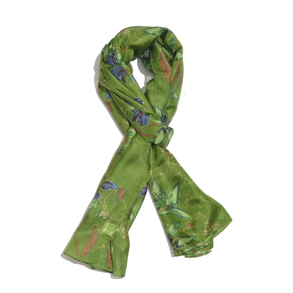 100% Mulberry Silk Green, Blue and Multi Colour Hand Screen Floral Printed Scarf (Size 200X180 Cm)