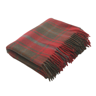Checkered Pattern Wool Throw Blanket with Fringes - Red & Green